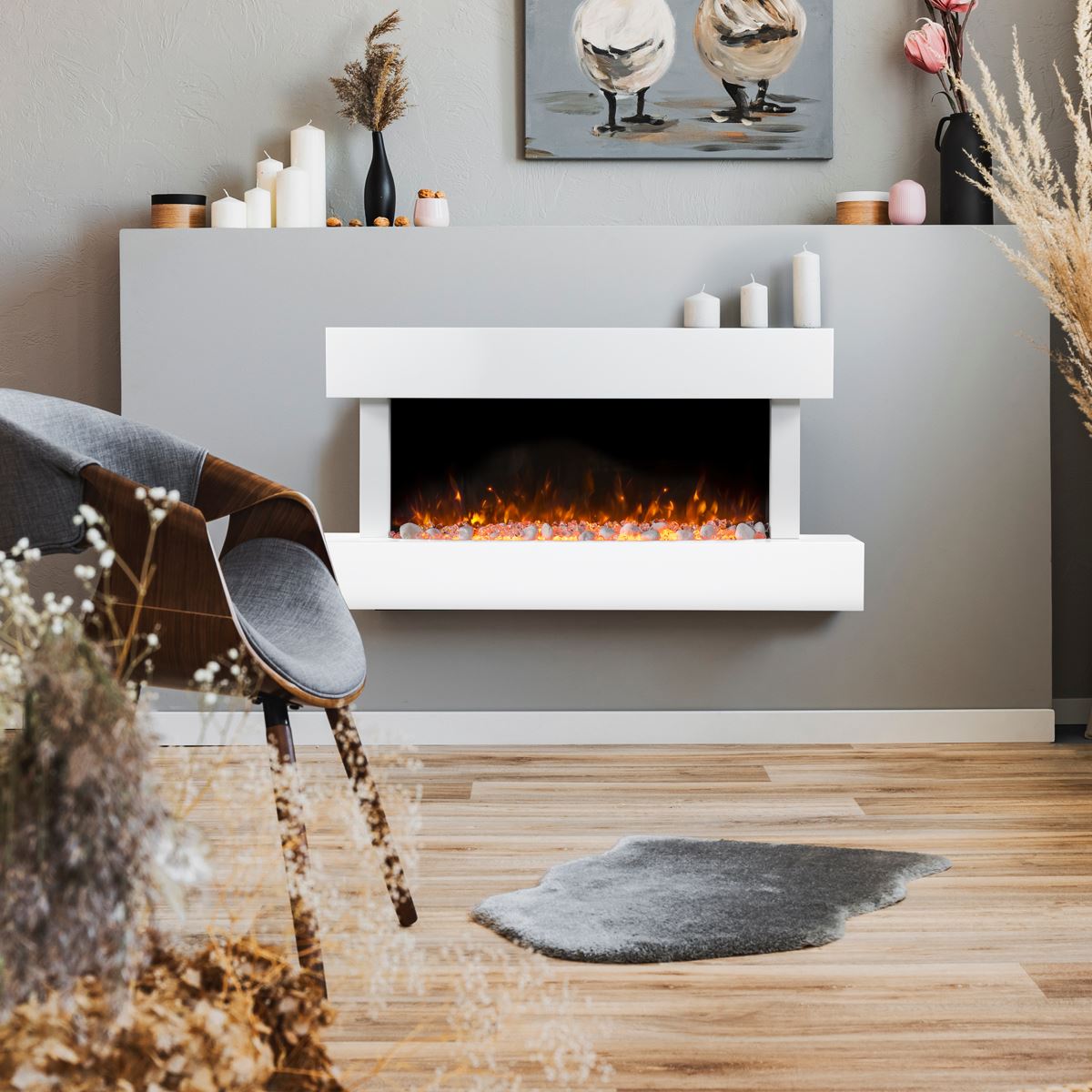 Baridi DH113 Wall Mounting Electric Fireplace with LED Flame Effect 46" - White | 230V~50Hz, Timer, Remote Control | Create a relaxing and cozy space