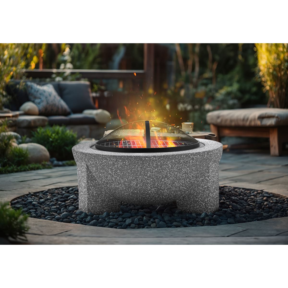 Dellonda DG190 Round MgO Fire Pit with BBQ Grill & Safety Mesh Screen 75cm - Light Grey | Magnesium Oxide | The fire pit is made from MgO (Magnesium