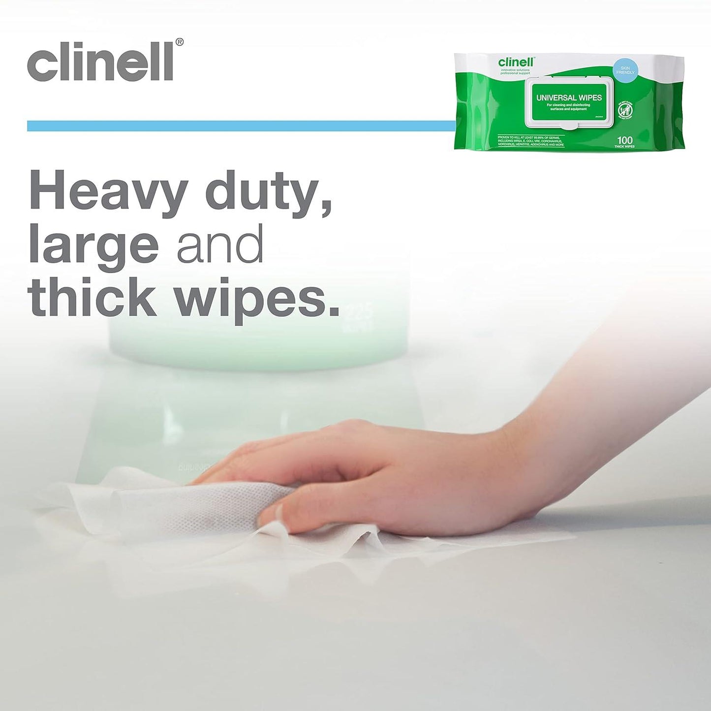 Clinell Universal Wipes White Pack of 100 Antibacterial Cleaning and Disinfectant Wipes for Hands Surfaces Equipment Healthcare Workplace and Home Use
