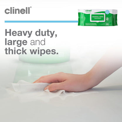 Clinell Universal Wipes White Pack of 100 Antibacterial Cleaning and Disinfectant Wipes for Hands Surfaces Equipment Healthcare Workplace and Home Use