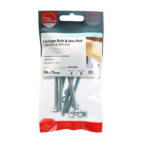 TIMCO Carriage Bolt & Hex Nut - BZP M6 x 75 Silver Pack 6