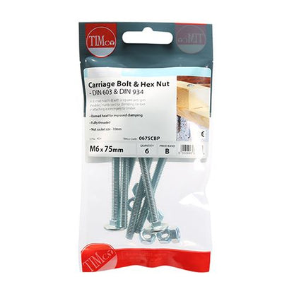 TIMCO Carriage Bolt & Hex Nut - BZP M6 x 75 Silver Pack 6