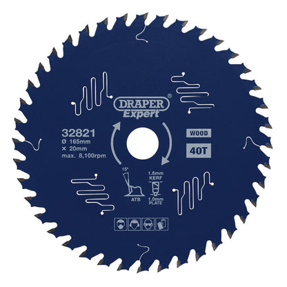 Draper TCT SAW BLADE 165MM 40T 32821 TCT Circular Saw Blade for Wood with PTFE Coating
