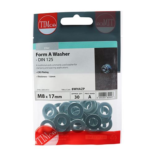TIMCO Form A Washer DIN 125A - BZP M8 Silver Pack 30