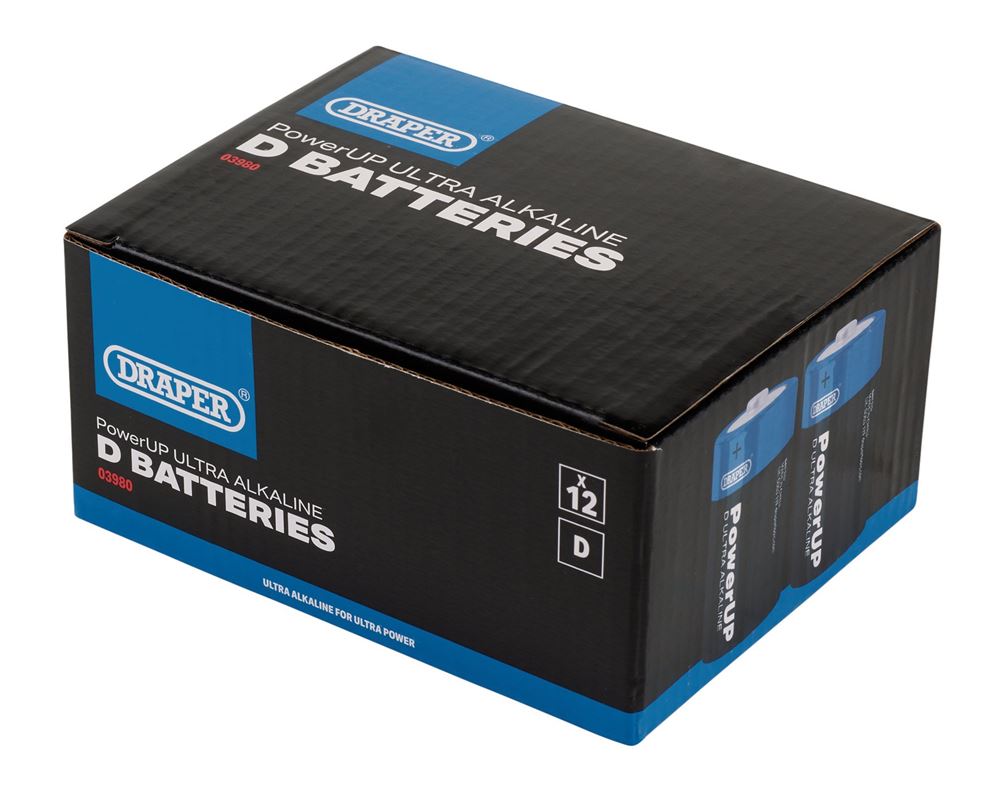 03980 Draper PowerUP Ultra Alkaline D Batteries (Pack of 12) BATT/D/12 Battery 61.5mm Professional Trade DIY Workshop Garage Use