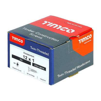 TIMCO Twin Woodscrew PZ3 CSK Zinc 12 x 1 Silver Pack 200