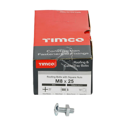 TIMCO Roofing Bolt & SQ Nut Zinc M8 x 25 Silver Pack 100