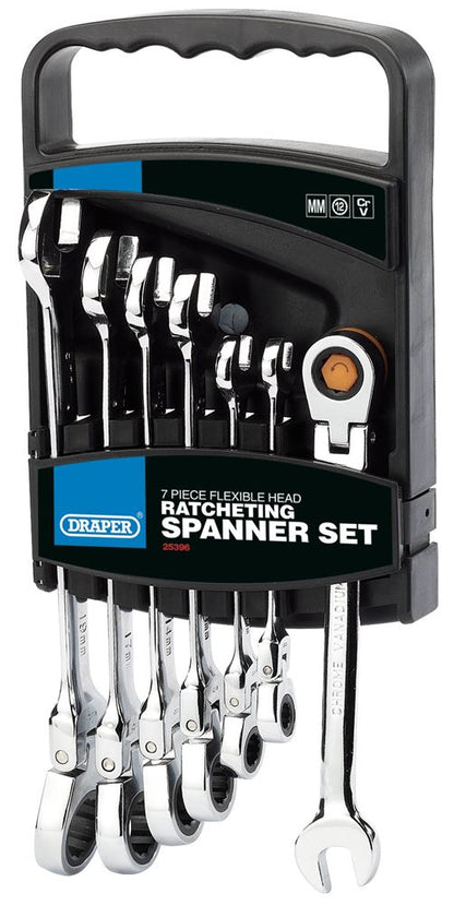 Draper 7PC FLEX HEAD RATCH SPANN SET 25396 25396 Draper HI-TORQÂ® Metric Flexible Head Ratcheting Combination Spanner Set (7 Piece)
