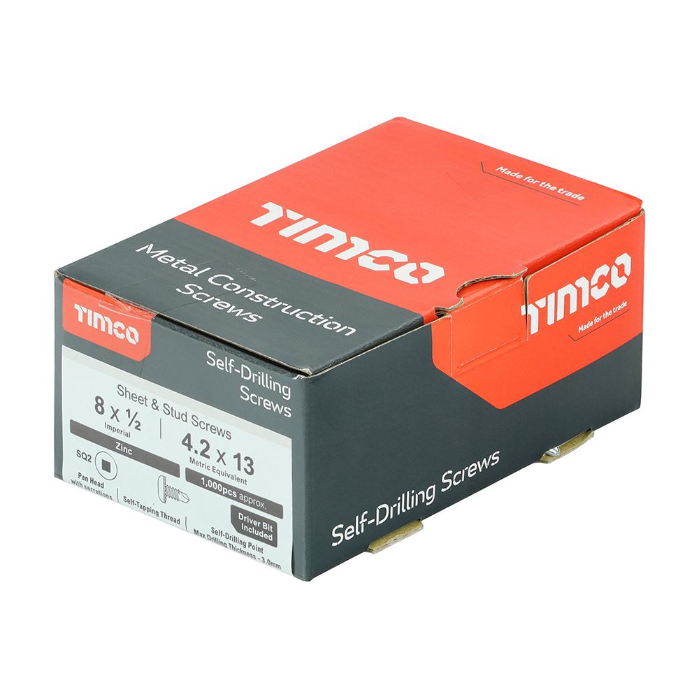 TIMCO Pan Screw SQ2 S/DRILL No3 Zinc 8 x 1/2 Silver Pack 1000