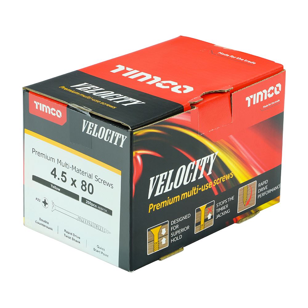 TIMCO Velocity Screw PZ2 CSK ZYP 4.5 x 80 Gold Pack 200