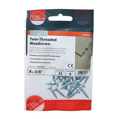 TIMCO Twin Woodscrew PZ2 CSK - BZP 8 x 3/4 Silver Pack 35