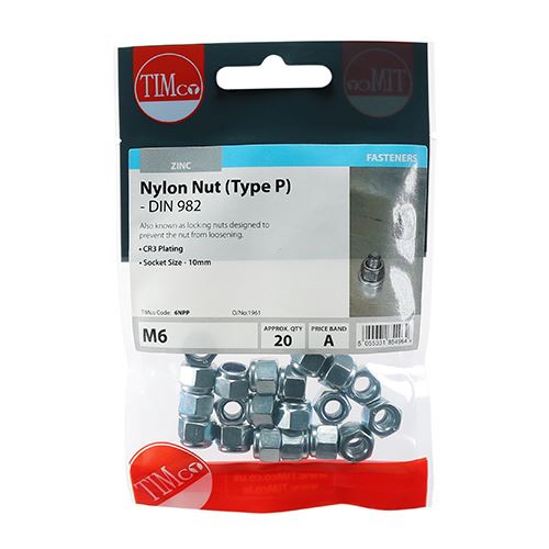 TIMCO P Nylon Nut DIN 982 - BZP M6 Silver Pack 20