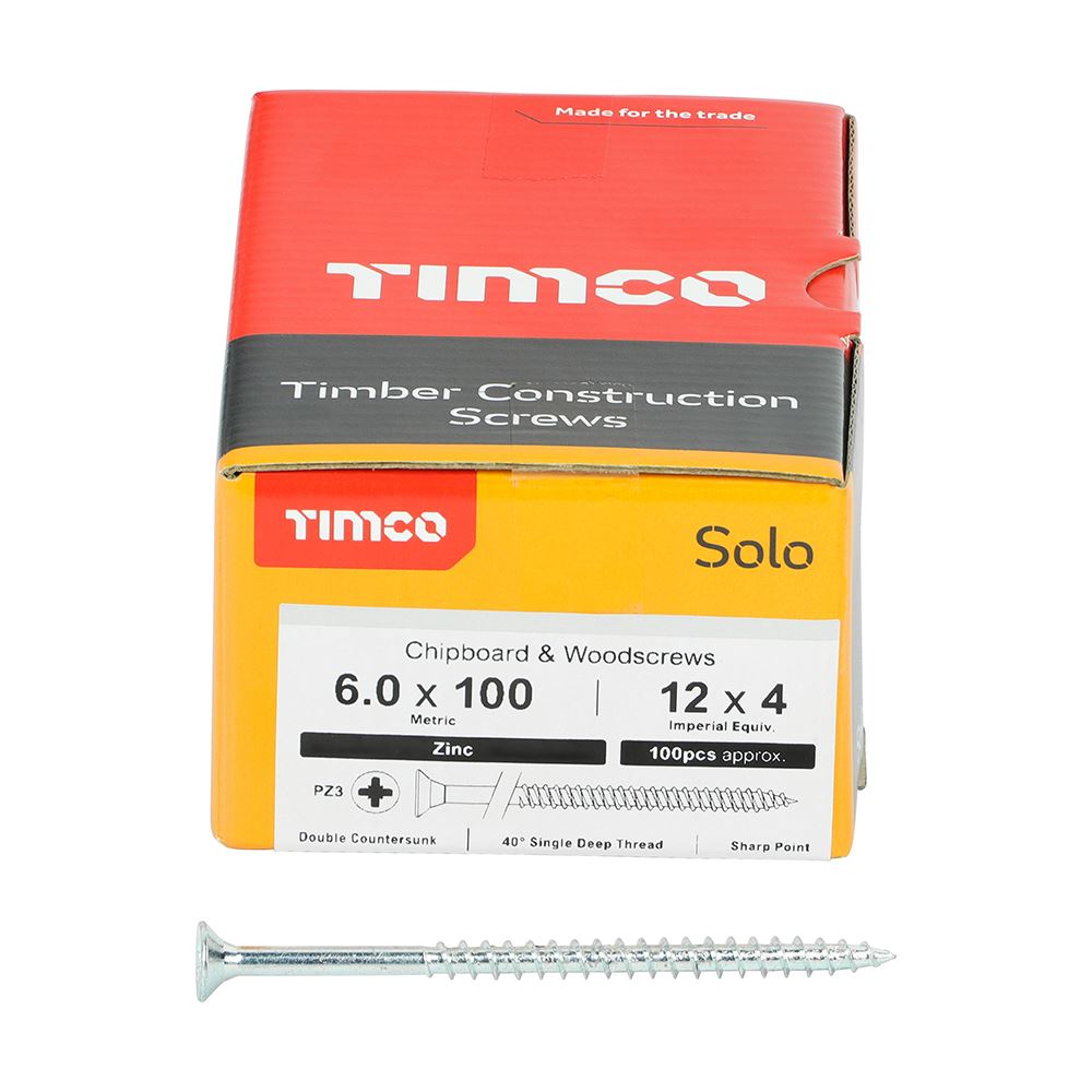 TIMCO Solo Woodscrew PZ3 CSK Zinc 6.0 x 100 Silver Pack 100
