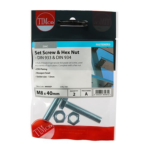 TIMCO Set Screw & Hex Nut - BZP M8 x 40 Silver Pack 2
