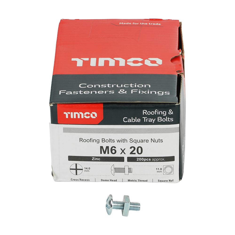 TIMCO Roofing Bolt & SQ Nut Zinc M6 x 20 Silver Pack 200