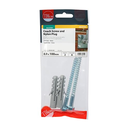TIMCO Coach Screw & Nylon Plugs 8.0 x 100 Pack 2