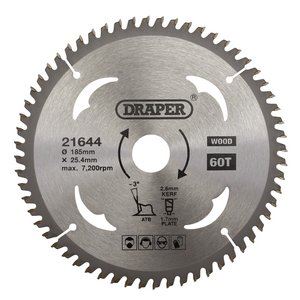 Draper TCT SAW BLADE 185MM 60T LMNTE 21644 TCT Circular Saw Blade for Laminate & Wood, 185 x 25.4mm