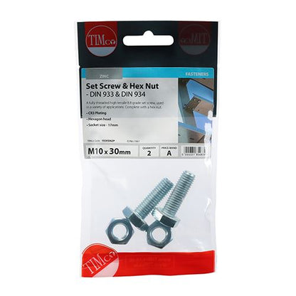 TIMCO Set Screw & Hex Nut - BZP M10 x 30 Silver Pack 2