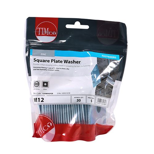 TIMCO Square Plate Washer - BZP M12 x 50 x 50 x 3 Silver Pack 30