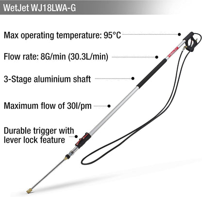 WetJet WJ18LWA-G Pressure Washer Accessory 18ft 5.5m 4000psi Telescopic Lance Jet Wash Accessory Cleaning Tool