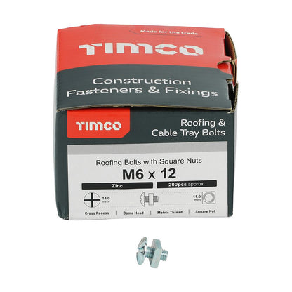 TIMCO Roofing Bolt & SQ Nut Zinc M6 x 12 Silver Pack 200