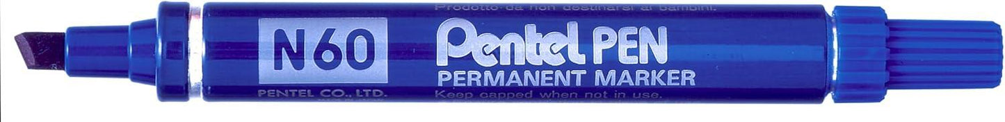 Pentel N60 Permanent Marker Blue Chisel Tip Marker Pens Pack of 12
