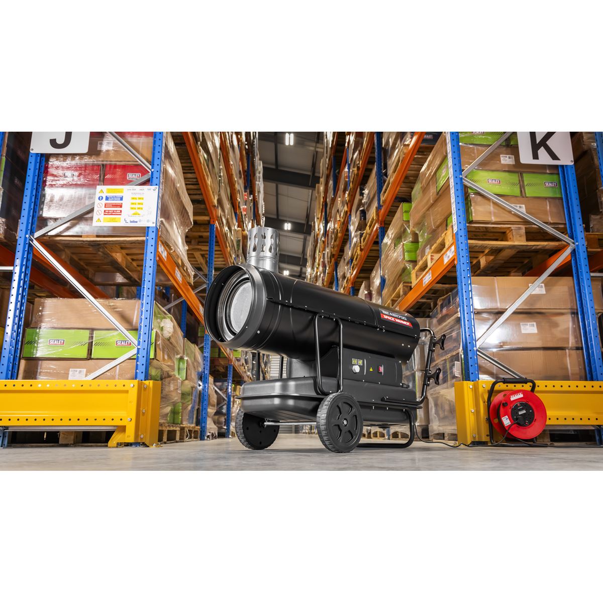 Sealey ABI1700 Space Warmer Indirect Kerosene/Diesel Heater with Wheels 170,000Btu/hr | 170,607Btu/hr(50kW), 230v~50Hz, Thermostat, Wheels