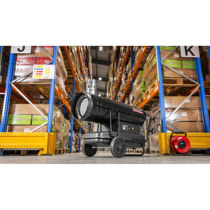 Sealey ABI1700 Space Warmer Indirect Kerosene/Diesel Heater with Wheels 170,000Btu/hr | 170,607Btu/hr(50kW), 230v~50Hz, Thermostat, Wheels