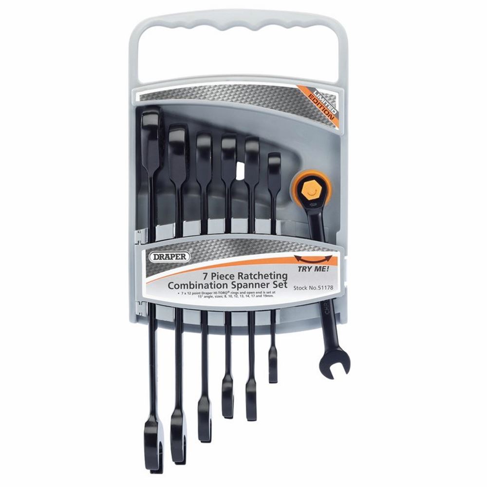 Draper 7PC RATCHETING SPANNER SET BK 51178 Draper HI-TORQÂ® Metric Ratcheting Combination Spanner Set (7 Piece)