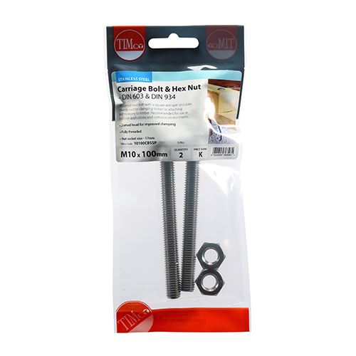 TIMCO Carriage Bolt & Hex Nut -A2 SS M10 x 100 Pack 2