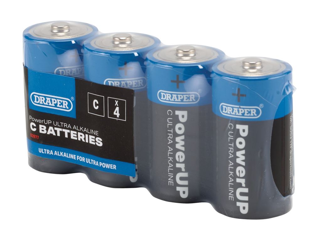 03977 Draper PowerUP Ultra Alkaline C Batteries (Pack of 4) BATT/C/4 Battery 50mm Professional Trade DIY Workshop Garage Use