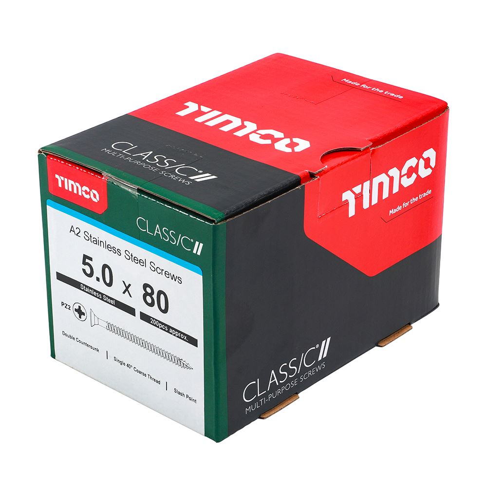 TIMCO Classic Screw PZ2 CSK A2 SS 5.0 x 80 Pack 200