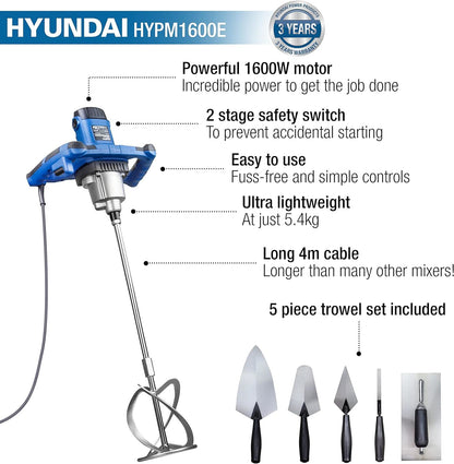 Hyundai HYPM1600E Electric Paddle Mixer 1600W 230V 240V 5pc Trowel Set Plaster Mortar Mixer Cement Mixer