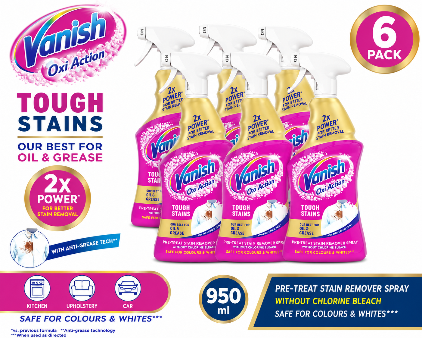 6 x Vanish Gold Oxi Action Multi Degreaser Spray for Tough Stubborn Stains, 950ml
