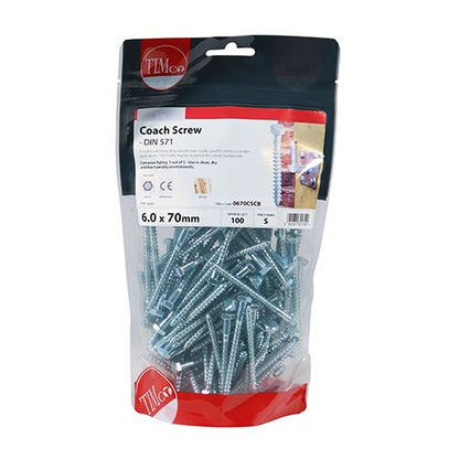 TIMCO Coach Screws Hex Head Silver  - 6.0 x 70 TIMbag OF 100 - 0670CSCB