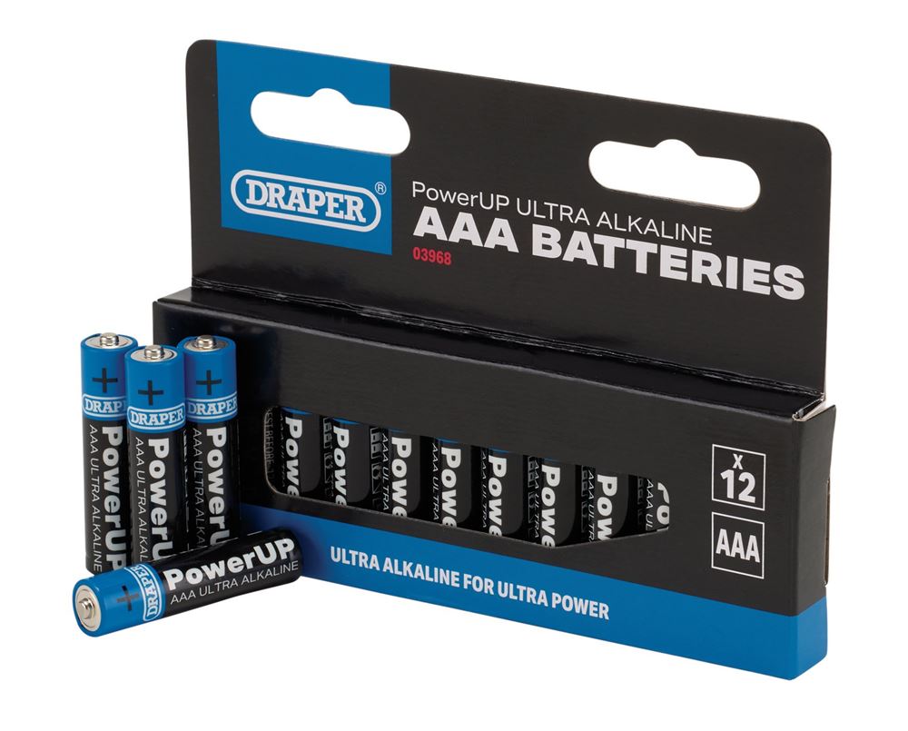03968 Draper PowerUP Ultra Alkaline AAA Batteries (Pack of 12) BATT/AAA/12 Battery 45mm Professional Trade DIY Workshop Garage Use