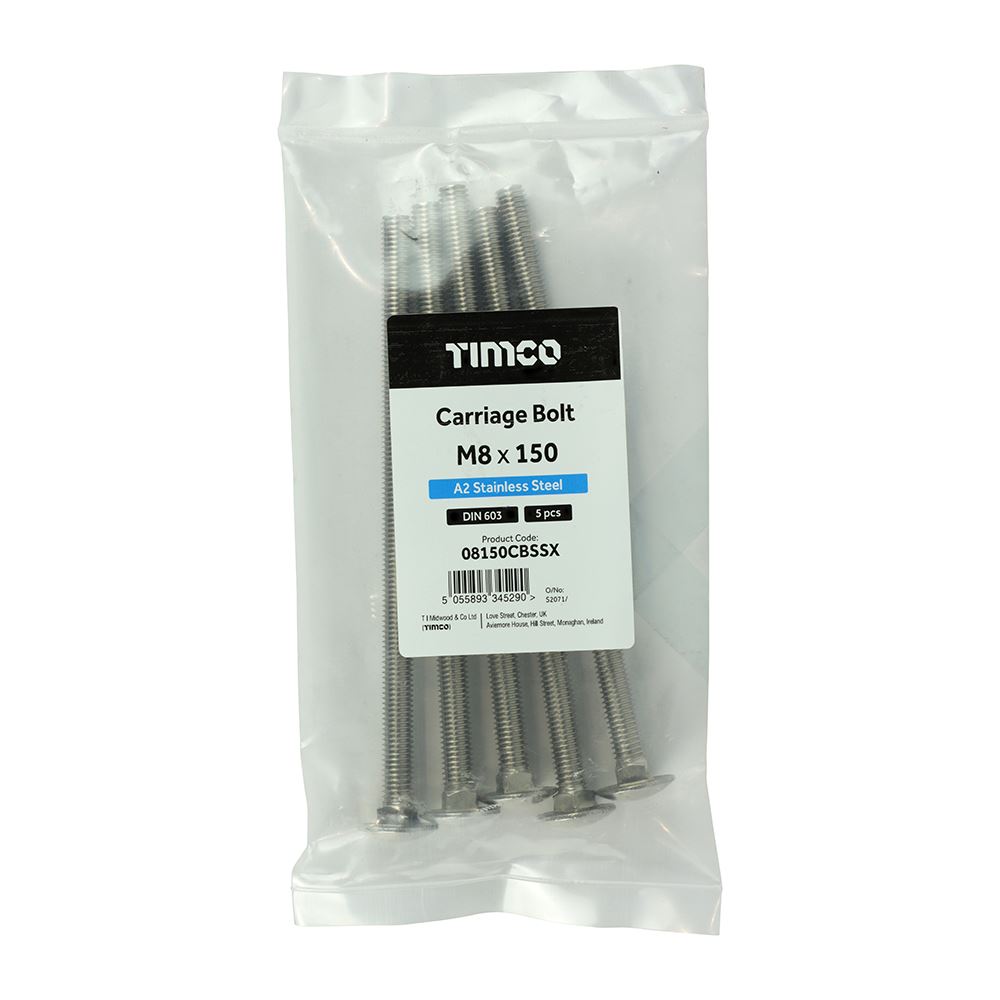TIMCO Carriage Bolt DIN 603 A2 SS M8 x 150 Pack 5