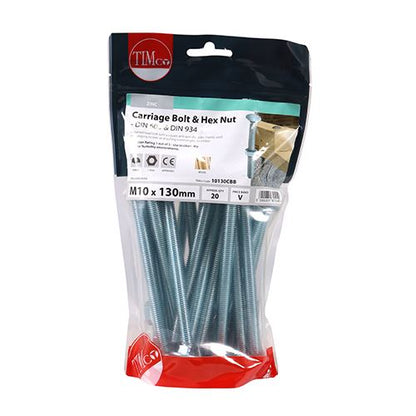 TIMCO Carriage Bolt & Hex Nut - BZP M10 x 130 Silver Pack 20