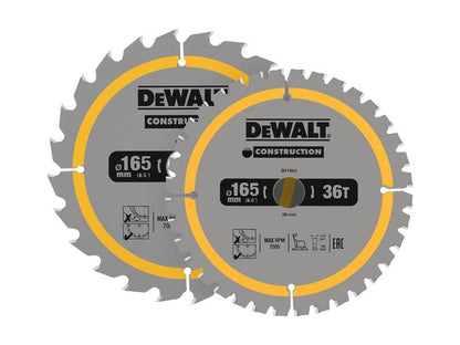DeWalt DT90270 Construction Circular Saw Blade 2 Pack 165 x 20mm x 24T/36T