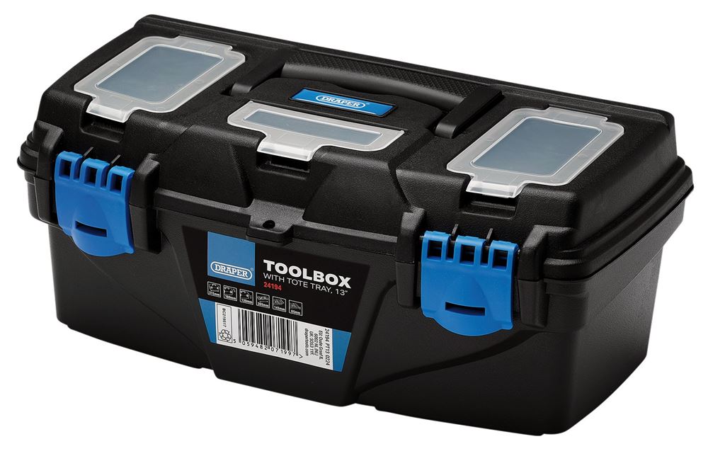 Draper 13" PLASTIC TOOLBOX WITH TRAY Plastic Toolboxes with Tote Tray