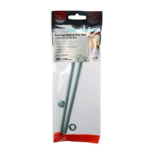 TIMCO Carriage Bolt & Hex Nut - BZP M8 x 180 Silver Pack 2
