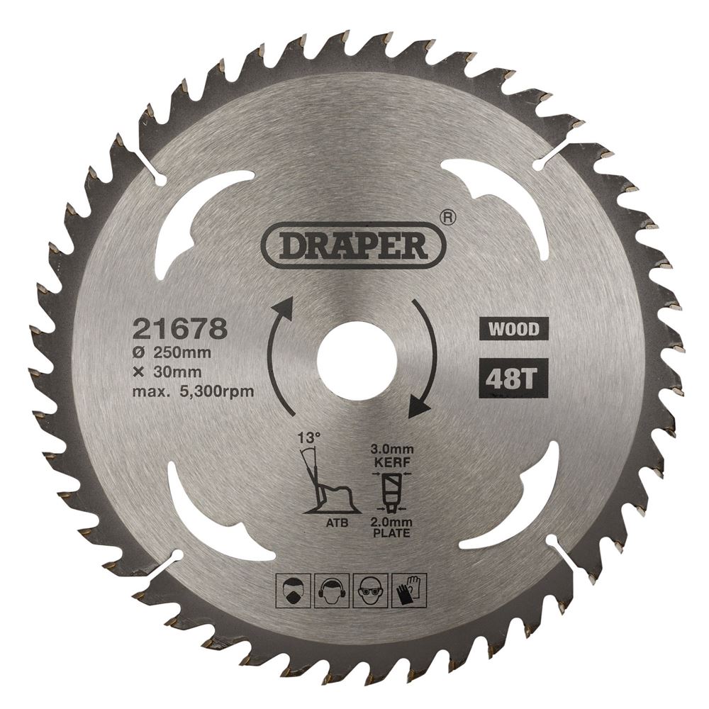 Draper TCT SAW BLADE 250MM 48T WOOD 21678 TCT Circular Saw Blade for Wood, 250 x 30mm