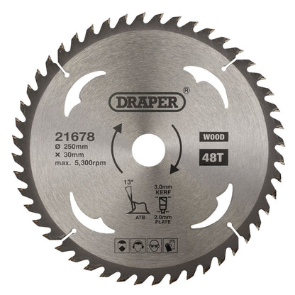 Draper TCT SAW BLADE 250MM 48T WOOD 21678 TCT Circular Saw Blade for Wood, 250 x 30mm