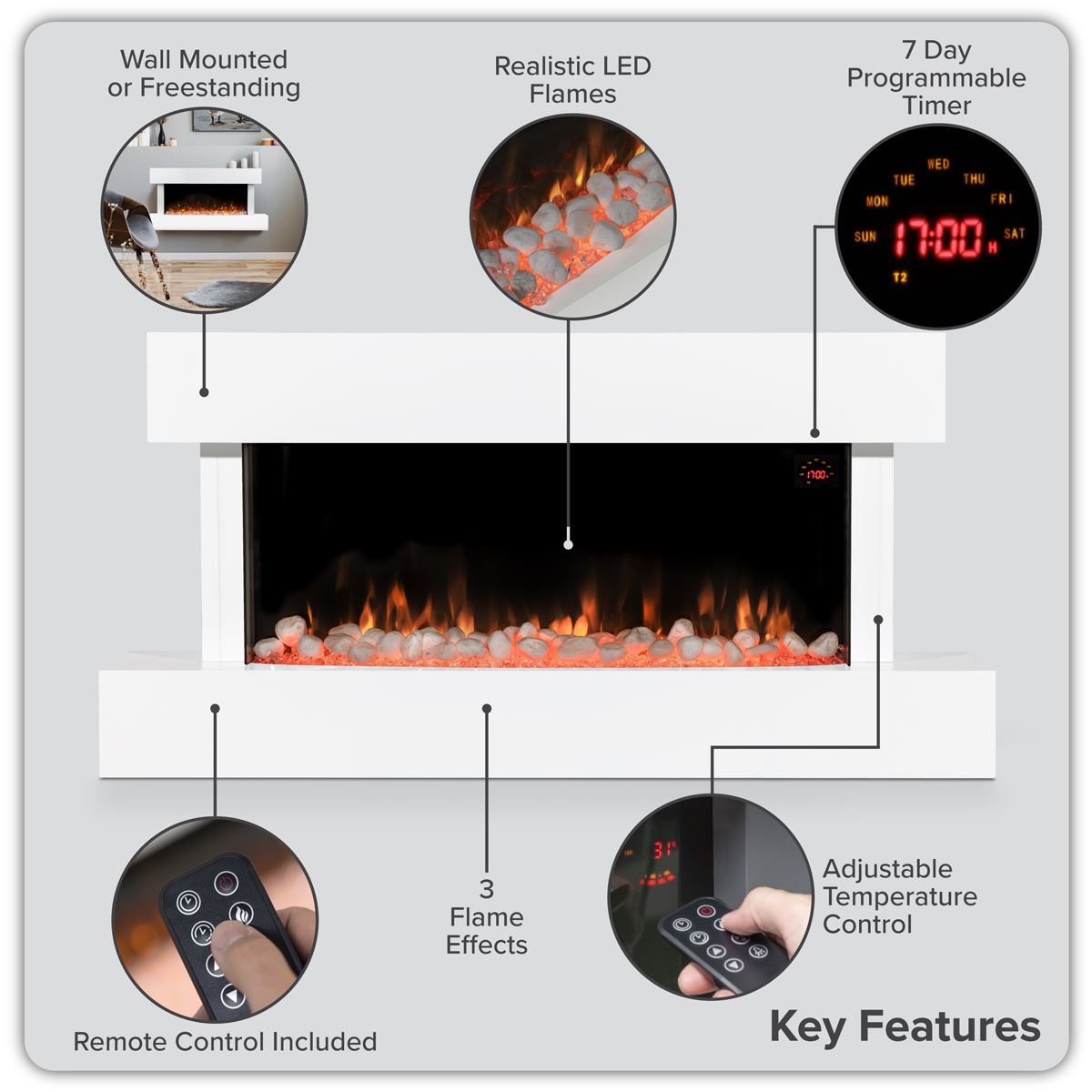 Baridi DH113 Wall Mounting Electric Fireplace with LED Flame Effect 46" - White | 230V~50Hz, Timer, Remote Control | Create a relaxing and cozy space