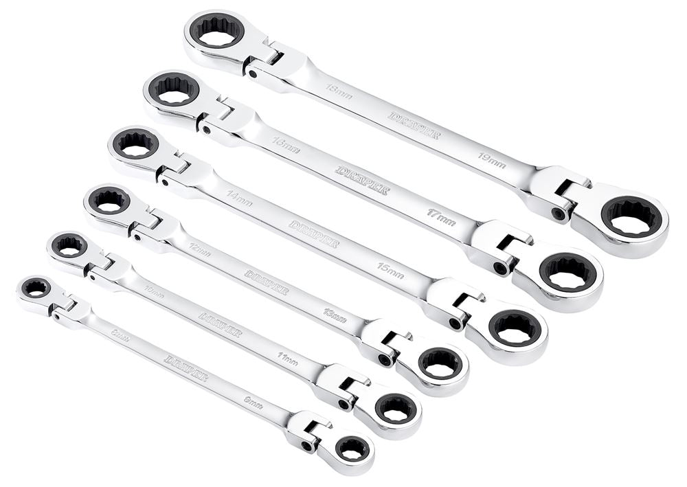Draper 6PC FLEX RATC RING SPANNER SET 27762 27762 HI-TORQÂ® Metric Flexible Head Double Ring Ratchet Spanner Set (6 Piece)