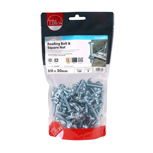 TIMCO Roofing Bolt & SQ Nut - BZP M6 x 30 Silver Pack 120