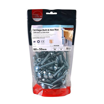 TIMCO Carriage Bolt & Hex Nut - BZP M8 x 50 Silver Pack 55