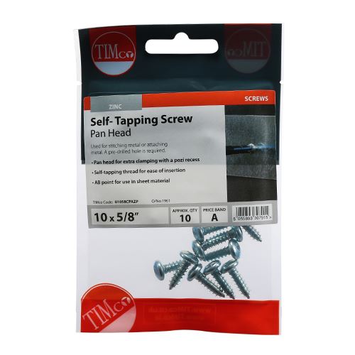 TIMCO S/Tapping Screw PZ2 PAN - BZP 10 x 5/8 Silver Pack 10