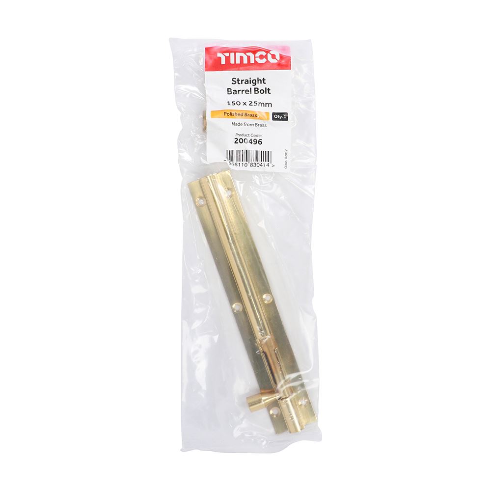 TIMCO Str. Barrel Bolt Pol. Brass 150 x 25mm Pack 1