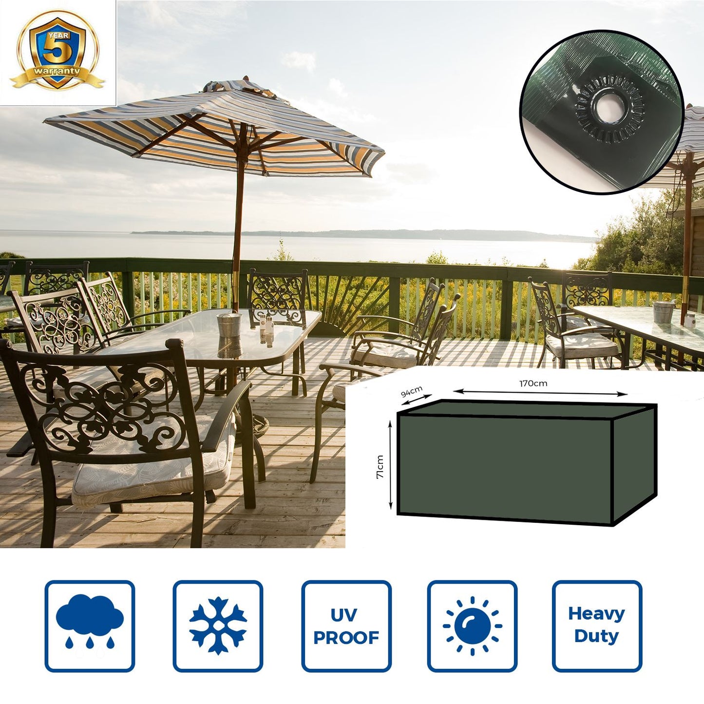 Yuzet XT 6 Seater Rectangular Garden Table Cover Green 170 x 94 x 71cm 100% Waterproof UV Resistant Outdoor Furniture Protector